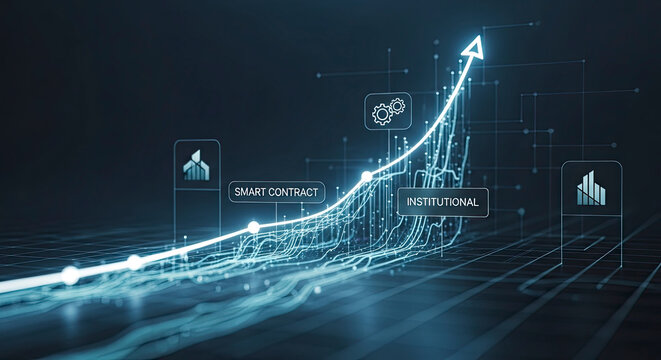 Abstract glowing blue digital growth graph with an upward arrow and icons for smart contracts and institutional finance on a dark background with flowing data lines and a perspective grid floor