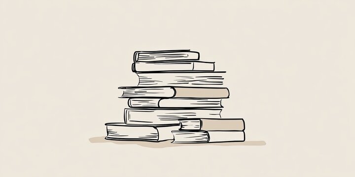 A sketched stack of books, in black outline, on a muted beige background