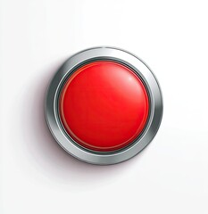 A shiny red, circular button with a metallic border, casting a shadow on a white background