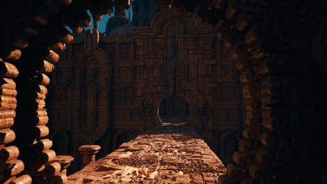 Dark temple interior with circular gateway, torchlit dust motes illuminating crumbling stone path through carved arch into shadowed chamber, eerie echo