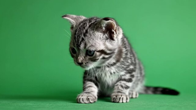 Cute gray tabby kitten with blue eyes isolated on green screen background, adorable baby cat close up for chroma key VFX compositing