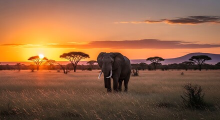 Fototapeta premium Majestic African elephant stands prominently in tall grass during a breathtaking savanna sunset scene