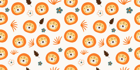 Cute Lion Face Seamless Pattern with Botanical Elements
