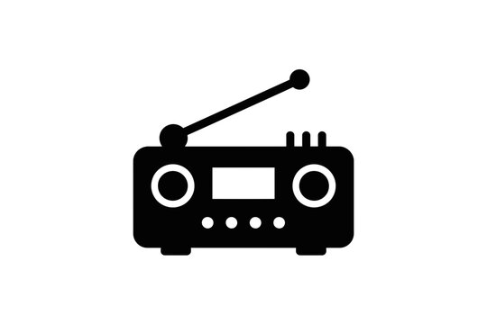 A black radio icon with a white background and simple design