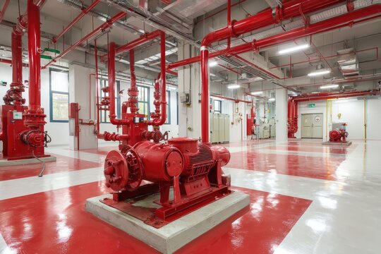 Industrial pump room with red pipes and equipment