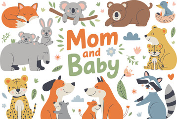 Cute mom and baby animals cartoon illustration, adorable woodland wildlife families, nursery kids design, mother love animals clipart collection