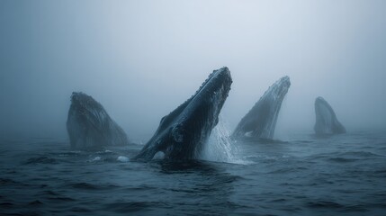 Naklejka premium Whales breaching water in misty ocean