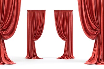 Crimson stage curtains, arranged in various stages of being drawn against a white backdrop