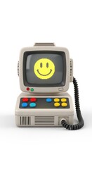 Retro personal computer setup displays a smiling pixelated face on its small monitor