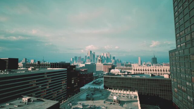 city skyline from rooftop at dusk, cinematic teal tones, snowdusted roofs, distant glass towers, empty terraces, urban photographer scouting composition