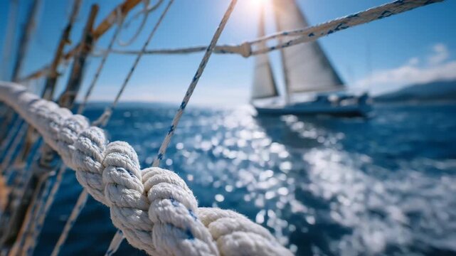 Close-up of sailboat sails and ropes, vibrant sunlight reflecting off water, summer ocean background, freedom and travel on the open sea