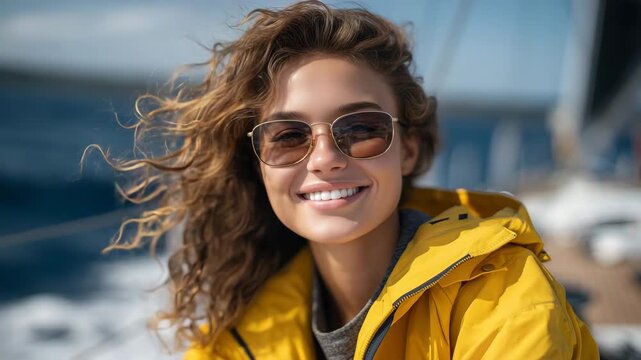 Close-up of smiling woman sailing yacht, yellow jacket, sunglasses, fluttering hair, bright sun above, open ocean backdrop, freedom and sea adventure theme