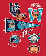 Obraz premium Cute sporting team patches and symbols patchwork vintage vector print for children sport wear shirt sweatshirt with embroidery applique