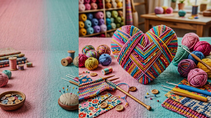 Naklejka premium Heart-shaped yarn sits center, colorful and handmade. Knitting needles, balls, and patterns surround the scene. Soft pastel table adds cozy, creative atmosphere. Warm lighting highlights textures