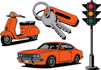 Naklejka premium Car orange silhouette illustration with traffic light and scooter