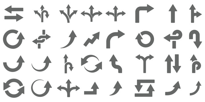Road traffic direction arrows flat set. You-turn, left, right, two way, three way transportation direction arrow symbol. decision icon vector Trafic way icon