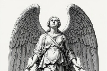 Naklejka premium Classical depiction of a celestial winged figure with detailed feathered pinions gazing upward