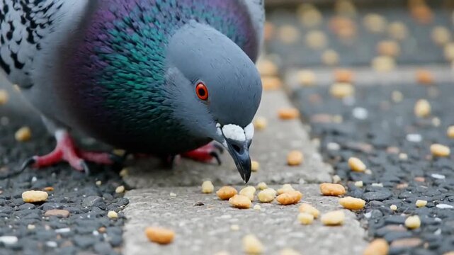 Close-up view of a pigeon pecking at scattered food on a pavement, showcasing vibrant feather colors and detailed textures