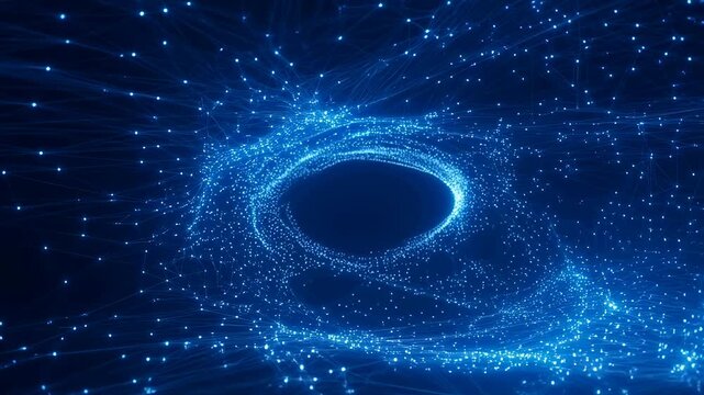 Abstract blue glowing particles swirling in a vortex formation. Represents digital technology, data visualization, and futuristic concepts