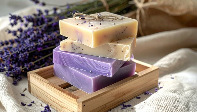 Stack of Natural Soaps on Wooden Tray with Lavender and Beige Fabric
