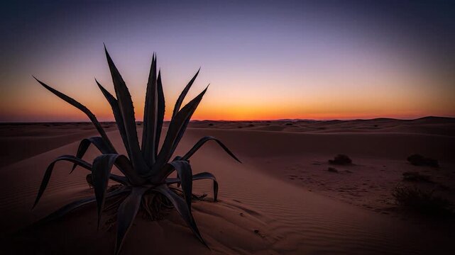 Desert agave plant at sunset in arid landscape golden hour light