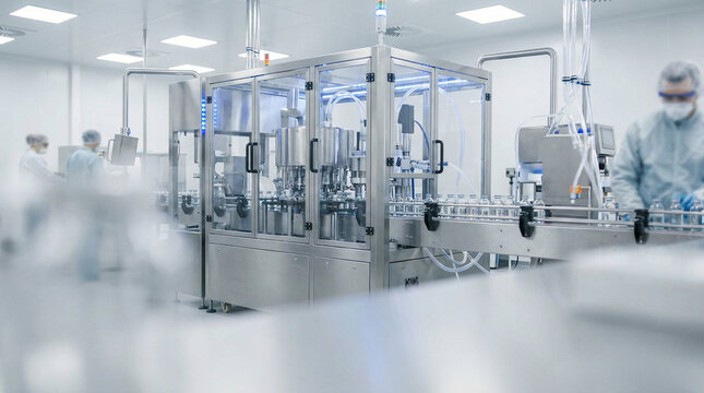 Scientists in sterile lab coats working on advanced machinery in a modern laboratory environment viewed from a slightly blurred foreground perspective