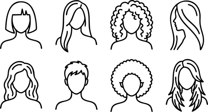 Set of 8 diverse hair styles vector icons