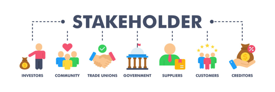 Stakeholder relationship banner web icon vector illustration concept for stakeholder, investor, government, and creditors with icon of community, trade unions, suppliers, and customers