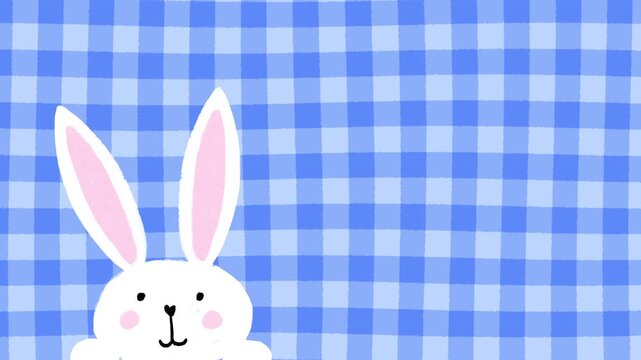 Hand-drawn Painted Pretty Easter Bunny Hopping on Canvas from Bottom on a Wavy Blue Plaid Background Cartoon Animation - 4K Horizontal Seamless Looping Video