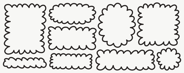 Fototapeta premium Hand drawn wavy shape frame set with square and rectangle doodle outlines in bold black line. Soft organic borders for text blocks, posters, stickers and playful branding layouts.