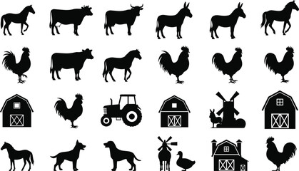 Black Farm Animal Silhouette Set with Horse Cow Donkey Rooster Barn Tractor Windmill Rural Agriculture Icon Collection Vector Isolated Design © Nayan Stock