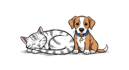 Cat and dog illustration friendly pets resting and posing on white background