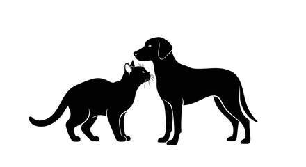 Obraz premium Black silhouette of dog and cat standing side by side against a white background