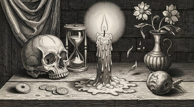 Still life arrangement depicts objects symbolizing time, mortality, and transience illuminated by candlelight.