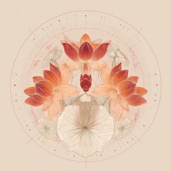 Floral mandala with red/orange lotus blossoms & leaves, geometrical lines, soft colors