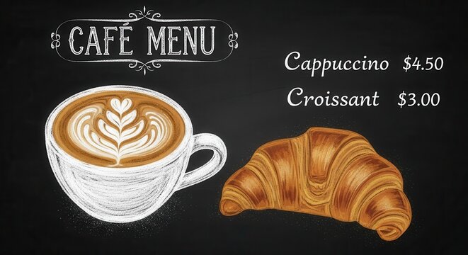 Hand drawn illustration of coffee and pastry items displayed on a chalkboard menu board