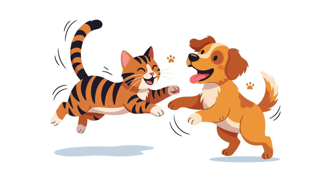 Cartoon cat and dog playing together on white background