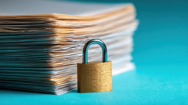 Small metallic padlock secures a thick stack of aged documents against a bright blue background