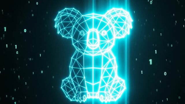 Futuristic digital representation of a koala in holographic wireframe with glowing elements against a dark binary backdrop