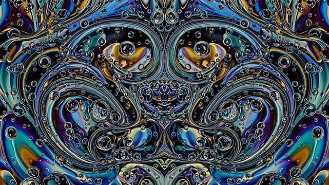 Intricate swirling patterns with iridescent colors and small bubbles create a mesmerizing abstract