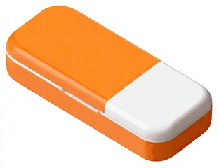 Angled shot of a rectangular orange case with a white eraser tip
