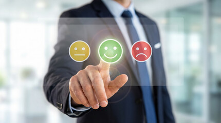 Businessman selecting green happy feedback icon on virtual rating interface. Customer satisfaction, user experience, service feedback concept. 