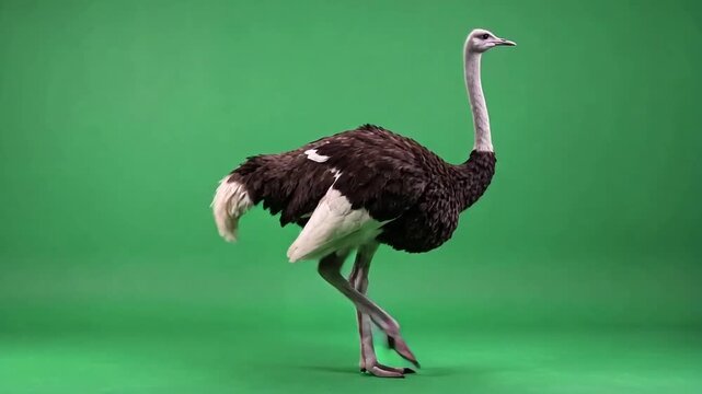 Majestic ostrich with long neck and striking plumage stands gracefully on a vibrant green background.