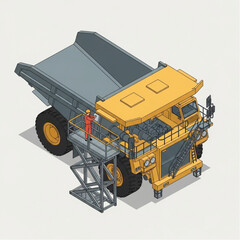 Large yellow mining dump truck with worker on ladder. © Nubb