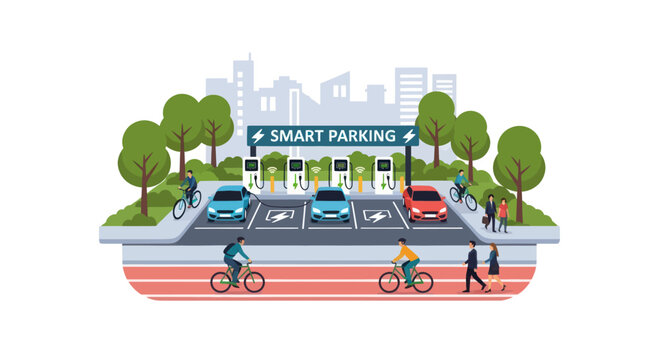 Smart Parking Lot with Electric Charging Stations, Cyclists, and Pedestrians