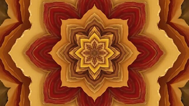 Intricate symmetrical floral pattern with warm colors and geometric background