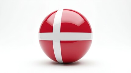 Obraz premium A glossy 3d sphere displaying the national flag of denmark, featuring a red field with a white scandinavian cross, against a simple white background