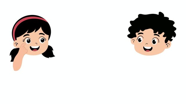 Educational cartoon motion of little boy and girl pointing at their eyes to learn English vocabulary, cute kids body parts flashcard for preschool and kindergarten