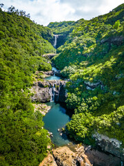 The 7 Cascades, also known as Tamarind Falls, is a spectacular series of seven waterfalls in Mauritius. Aerial drone view