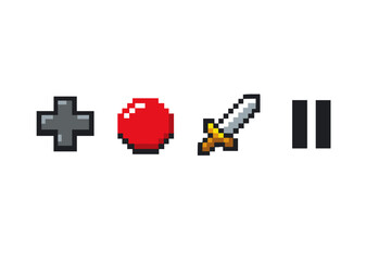 Obraz premium Pixel art game control icons showing a directional cross, red action button, small sword, and pause symbol in retro 8-bit style on white background